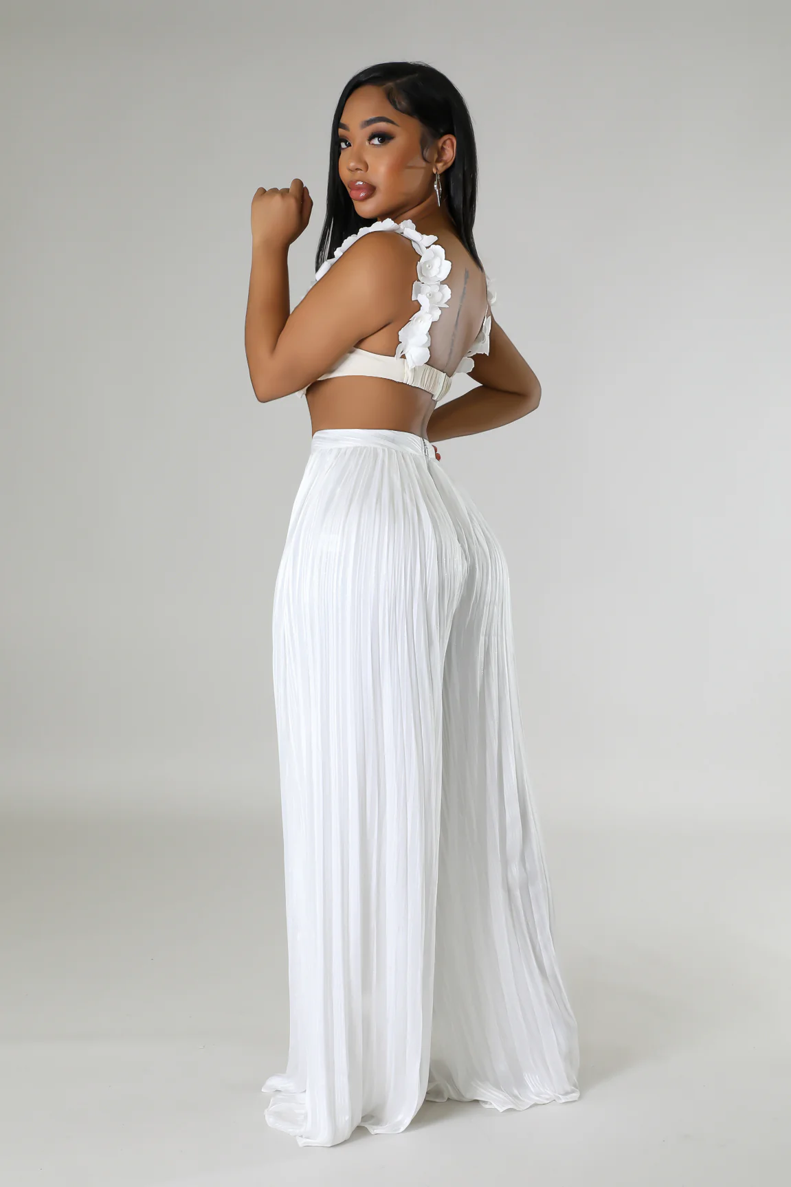 Ensemble deux pièces top court pantalon taille haute plisse beige – Image 2