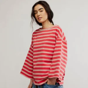 T-shirt manches 3/4 femme rouge à rayures C'est La Vie FREE PEOPLE – OB2236131-1103
