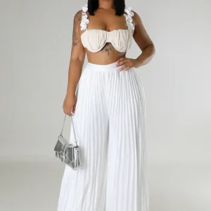 Ensemble deux pièces top court pantalon taille haute plisse beige