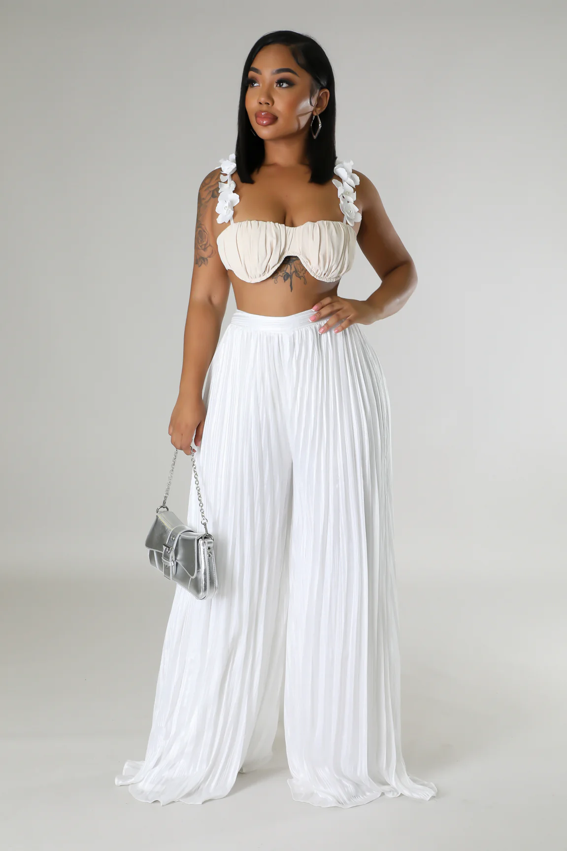Ensemble deux pièces top court pantalon taille haute plisse beige