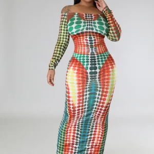 Robe longue extensible à manche longue hors épaule multi rouge