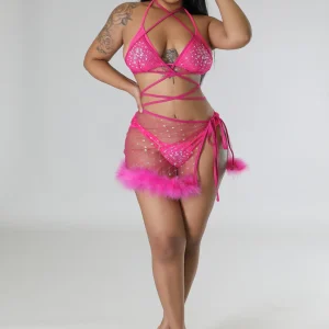 Lingerie ensemble deux pièces rose sexy avec fausses plumes