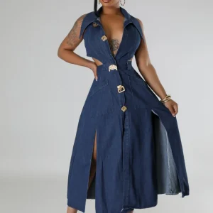 Robe non extensible effet jean à boutons dorés sans manches