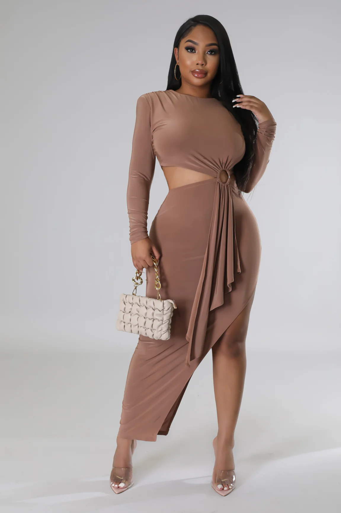 Robe fente côté encolure ronde à manche longue – Image 3