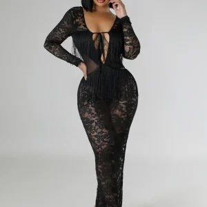 Robe dentelle sexy à manche longue stretch