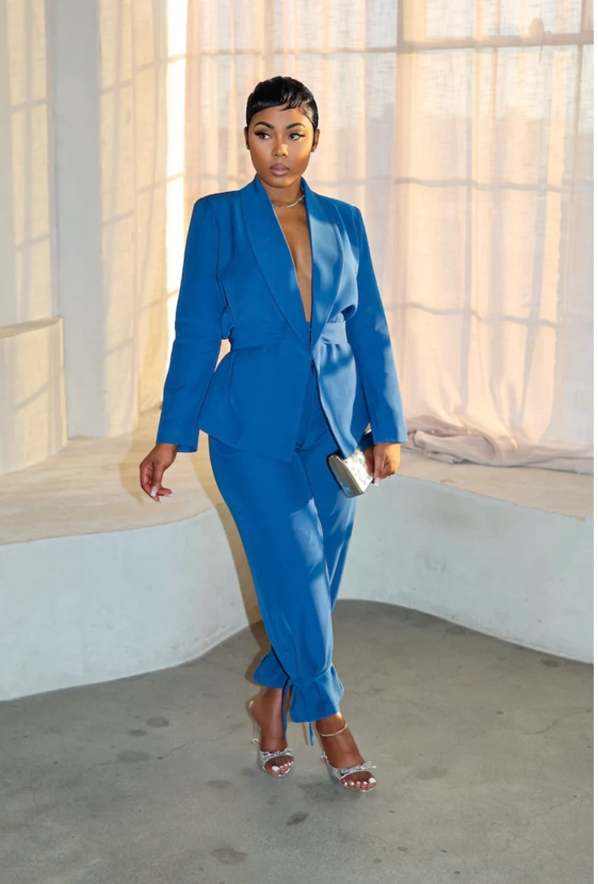 Ensemble veste blazer bleu a ceinture et pantalon – Image 4