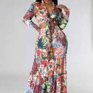 Ensemble jupe longue et top multicolore à manche longue satiné