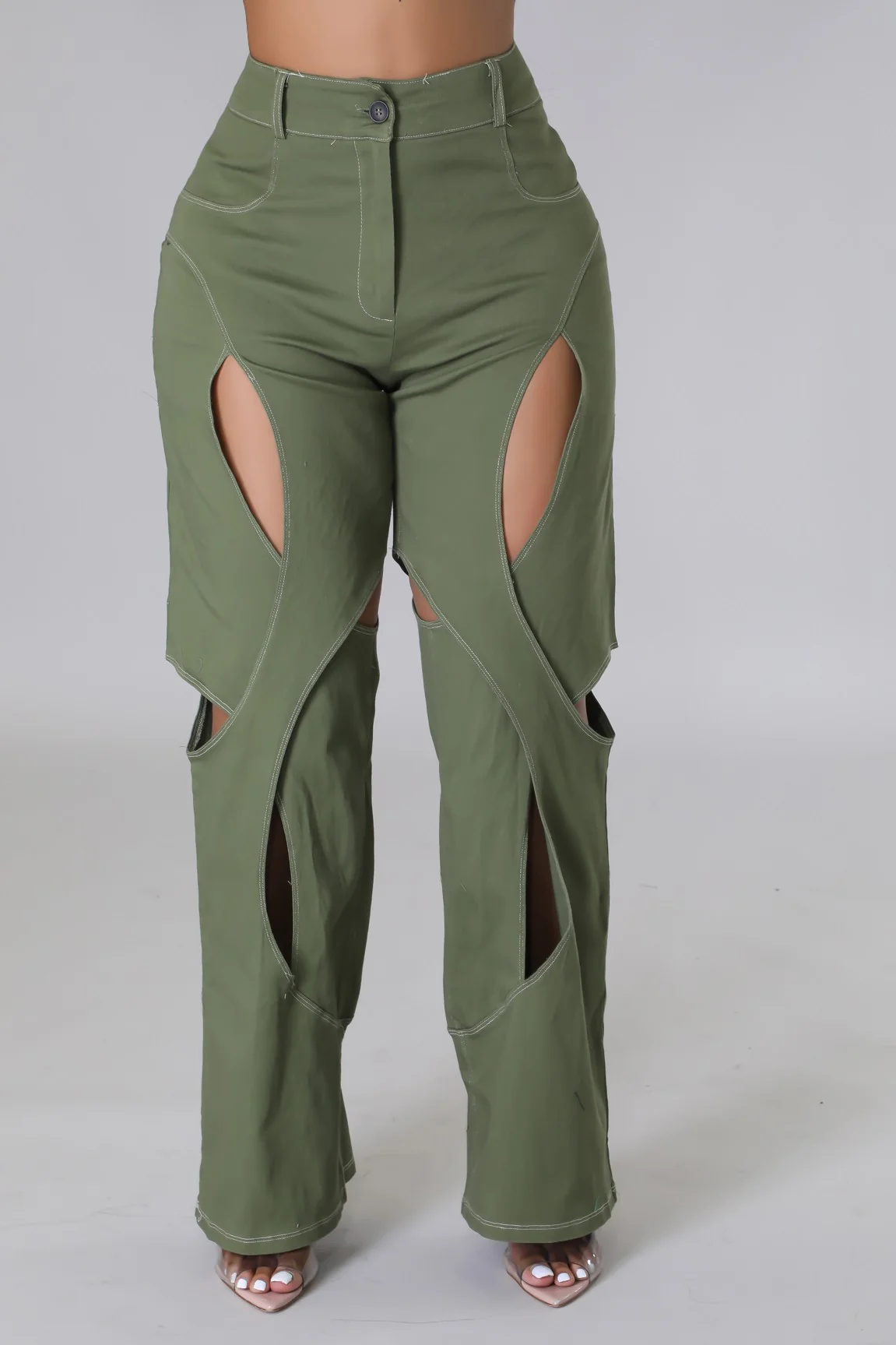 Pantalon olive Adja Diallo taille haute extensible avec découpe jambe large – Image 4