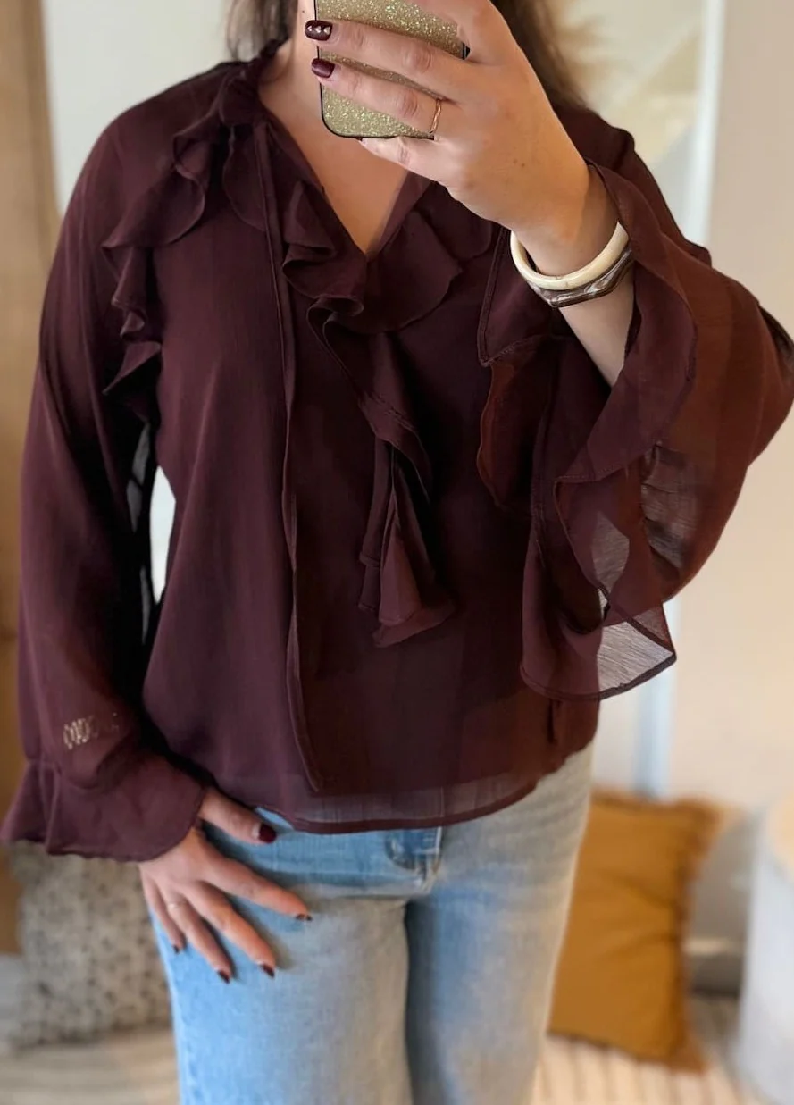 Blouse fluide chocolat à volants