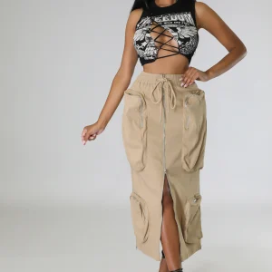 Jupe taille haute cargo beige avec des poches