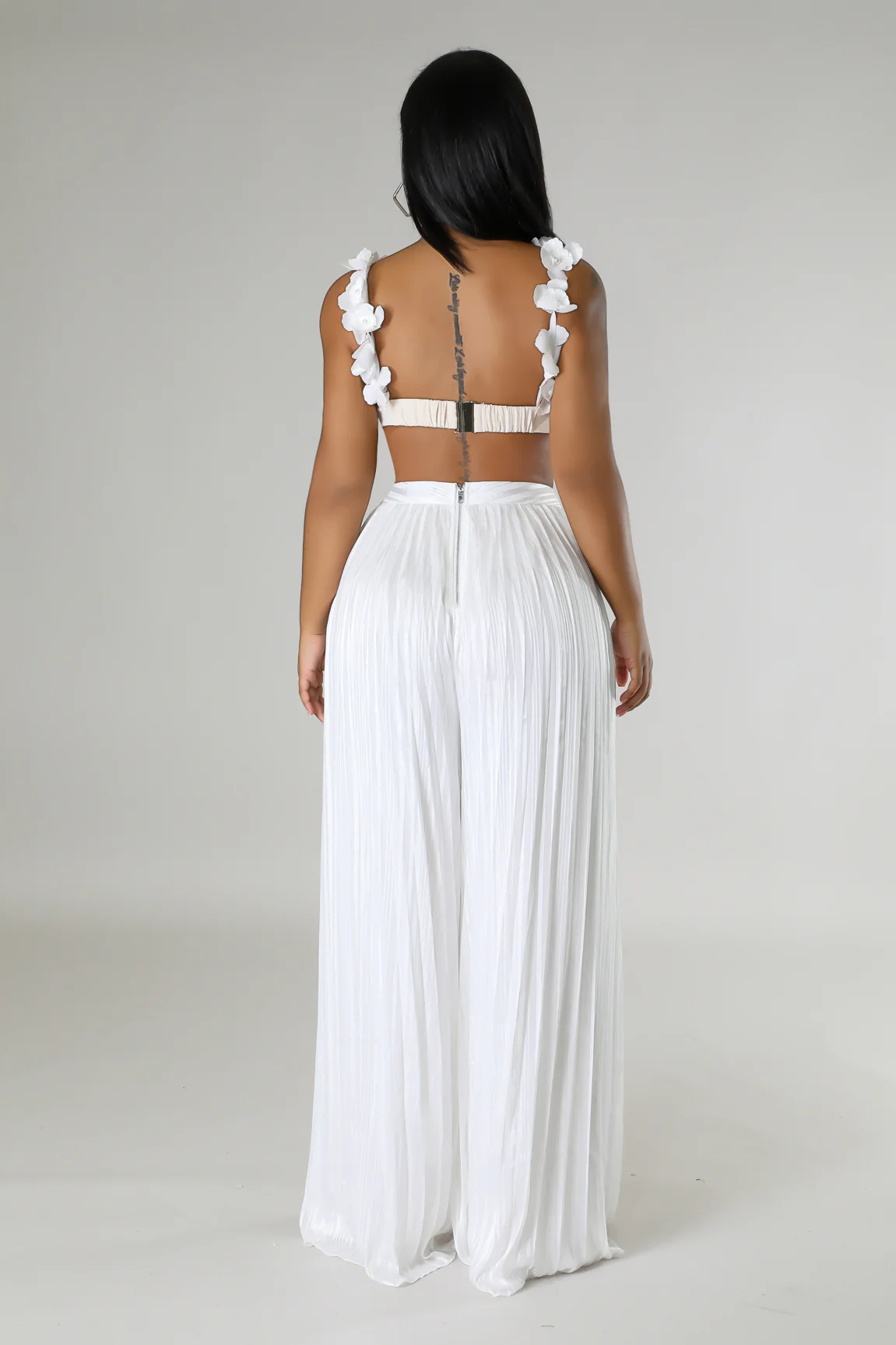 Ensemble deux pièces top court pantalon taille haute plisse beige – Image 4