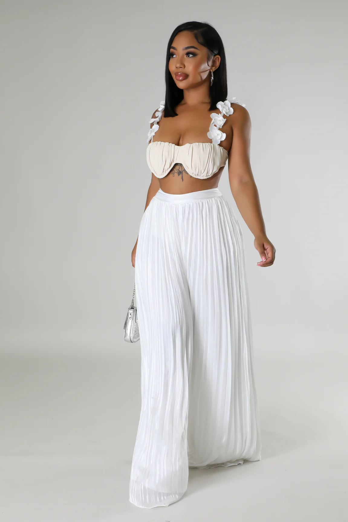 Ensemble deux pièces top court pantalon taille haute plisse beige – Image 3