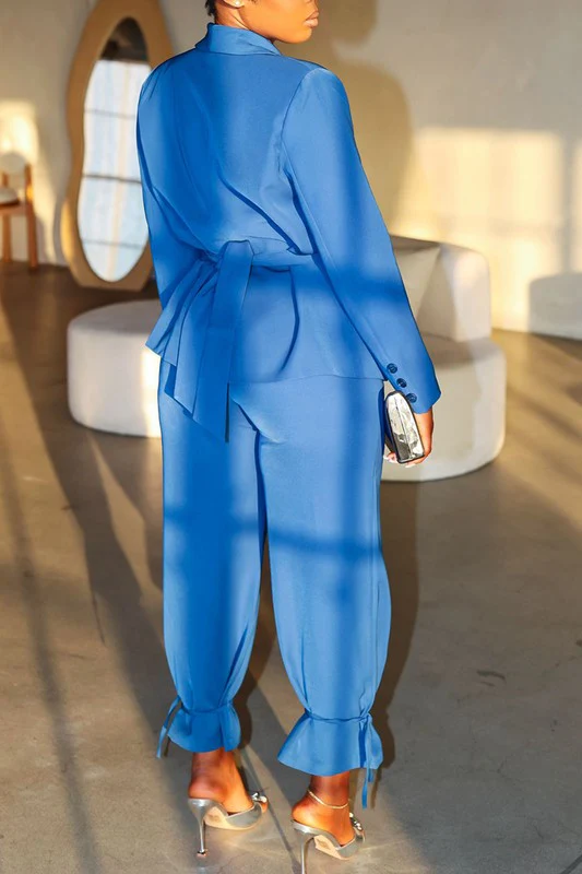 Ensemble veste blazer bleu a ceinture et pantalon – Image 3