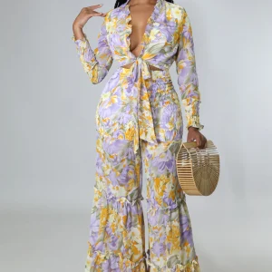 Ensemble jaune  Babe pantalon large et top manche longue