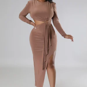 Robe fente côté encolure ronde à manche longue