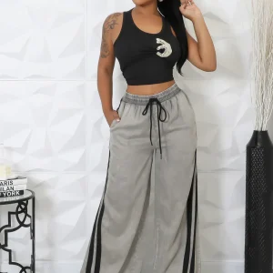 Pantalon Jogger non extensible taille haute jambe large