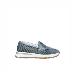 Chaussures Milano en cuir bleu nacré et argent.