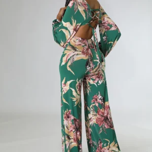 Salopette bas large à manche longue fleurie vert