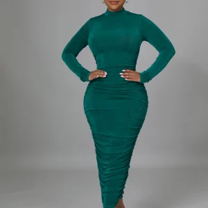 Robe longue semi-stretch à encolure ronde ruché