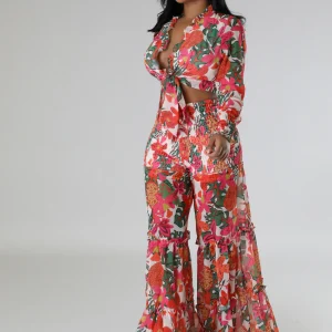 Ensemble deux pièces pantalon semi-stretch bas large et top à manche longue