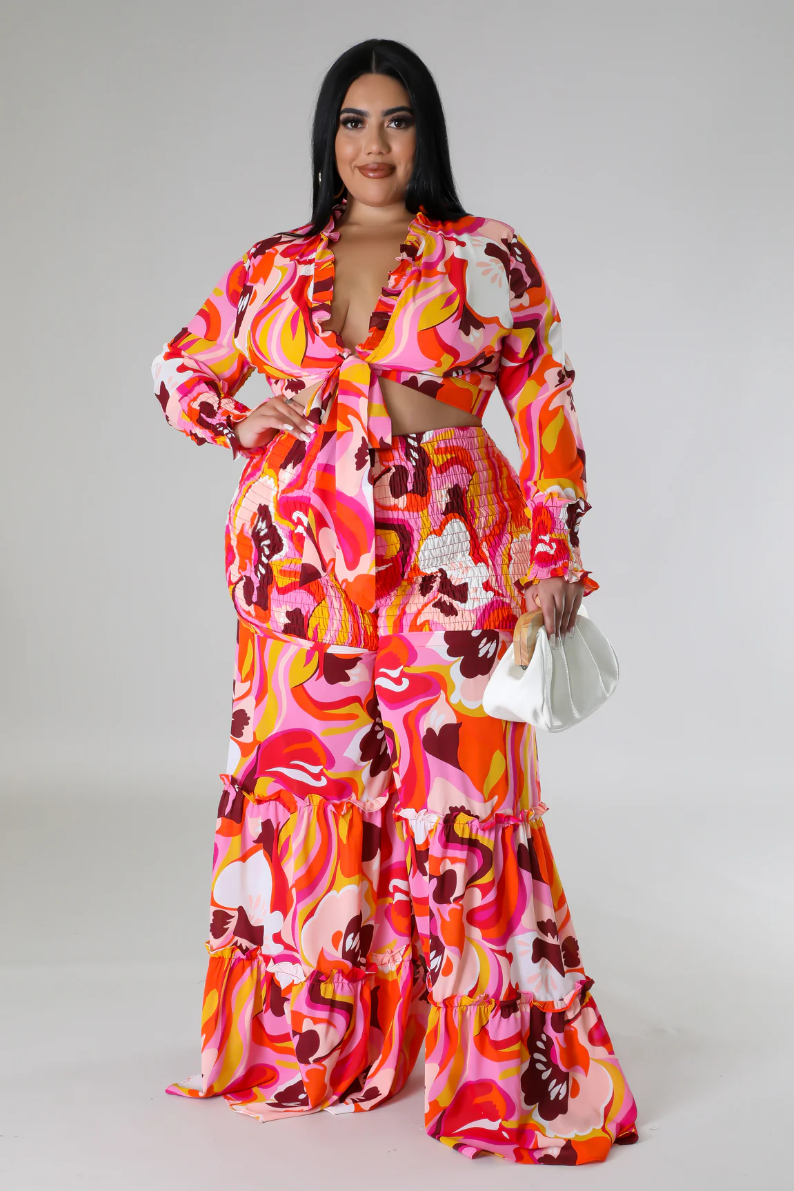 Ensemble 2 pièces Froufrous pantalon large taille haute et top à manche longue – Image 4