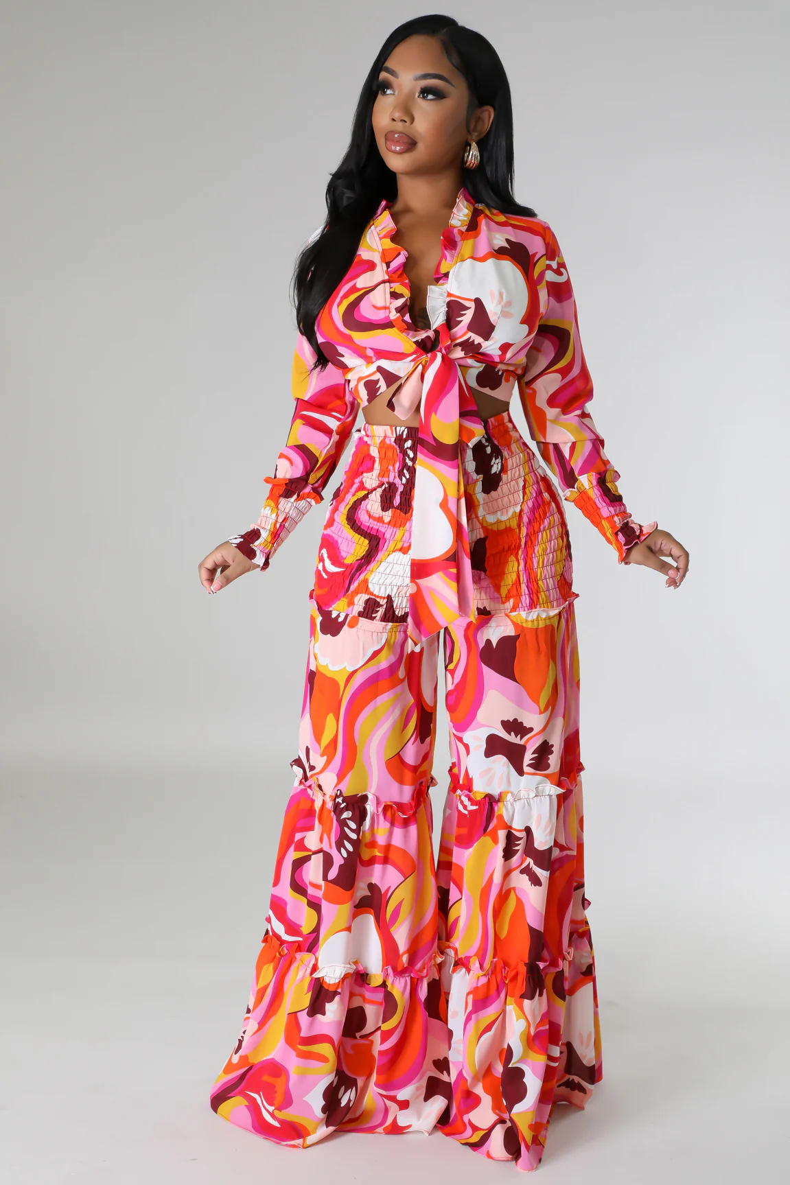 Ensemble 2 pièces Froufrous pantalon large taille haute et top à manche longue – Image 6