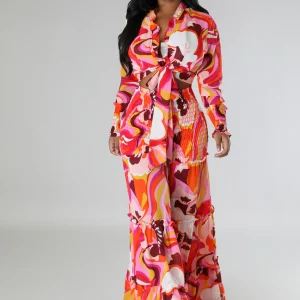 Ensemble 2 pièces Froufrous pantalon large taille haute et top à manche longue