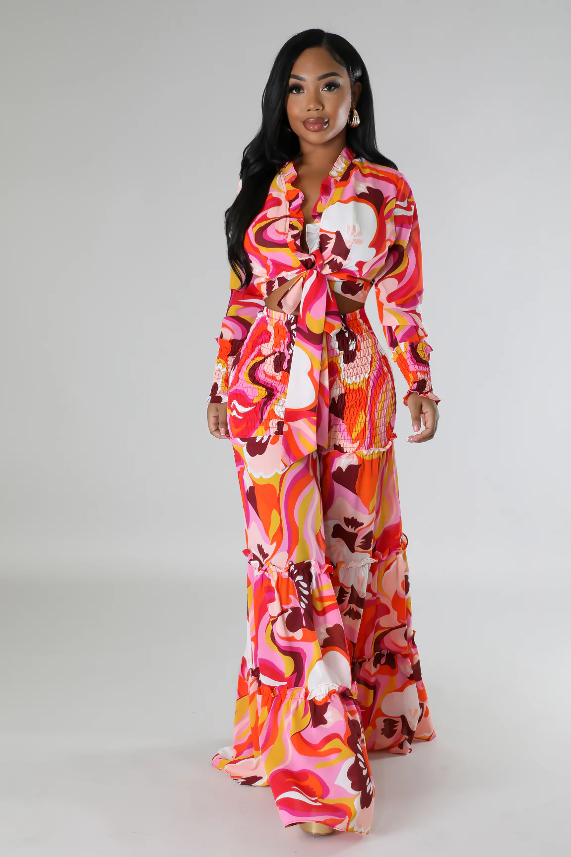 Ensemble 2 pièces Froufrous pantalon large taille haute et top à manche longue