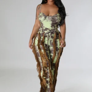 Ensemble deux pièces body suit extensible pantalon taille haute frange