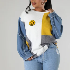 Pull extensible col montant jean et tricoté à manche longue