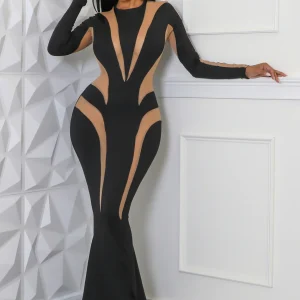 Robe longue à manche longue extensible Engrenée noir