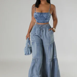 Pantalon jean large extensible taille haute ceinture élastique