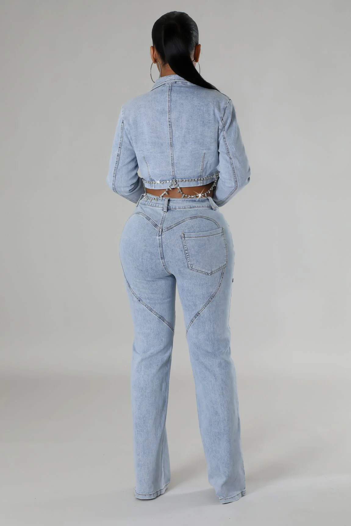 Ensemble jean pantalon et veste courte collier strass à manche longue – Image 6