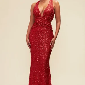 Robe longue de fête  à paillettes Rouge strass