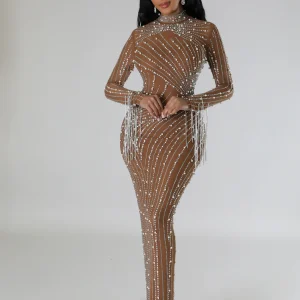 Robe longue à encolure ronde manche longue avec perles et strass