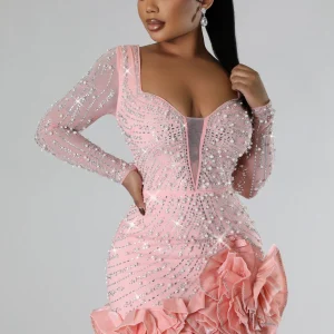 Robe courte pour fête à manche longue strass avec froufrous
