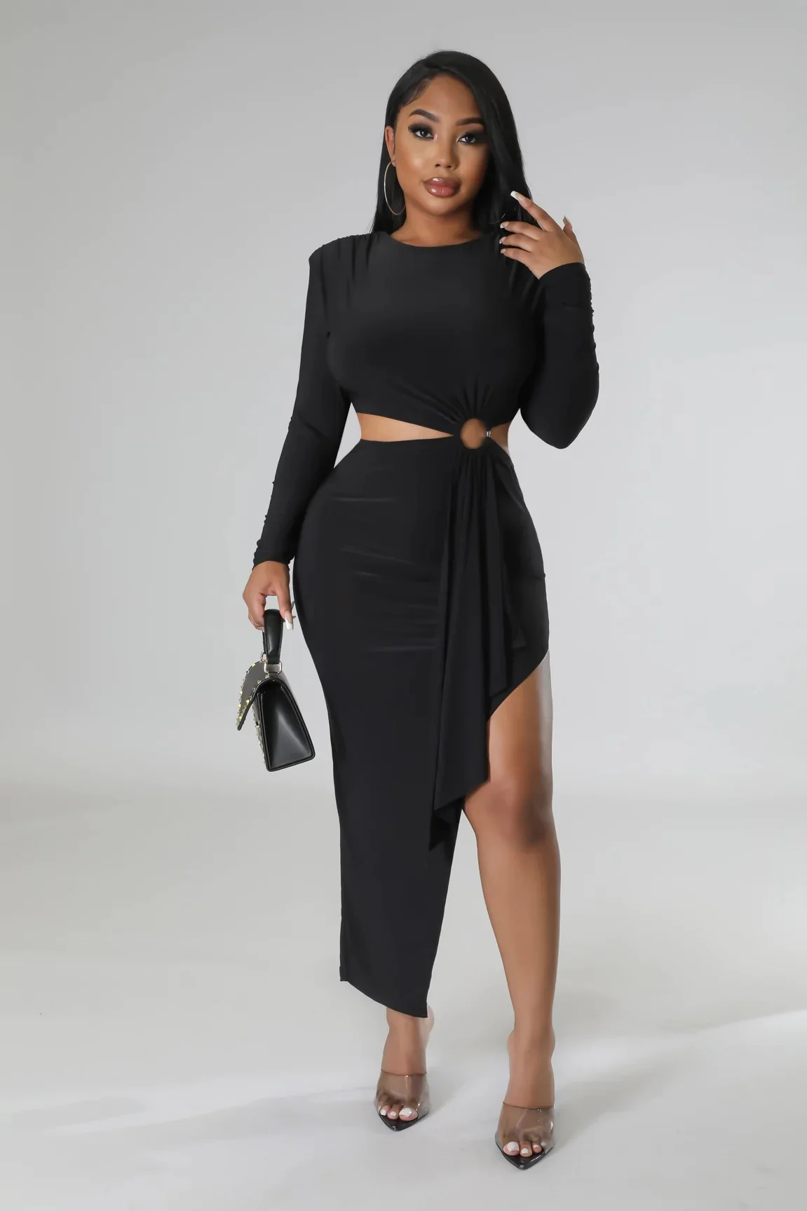 Robe fente côté encolure ronde à manche longue – Image 8