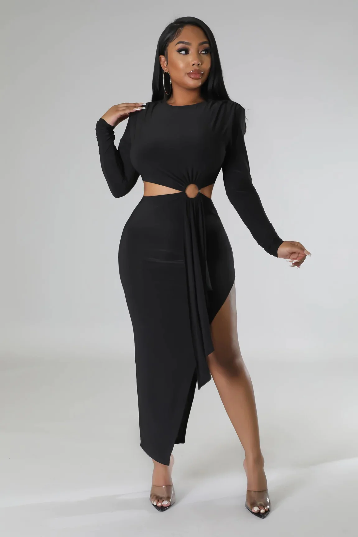 Robe fente côté encolure ronde à manche longue – Image 7