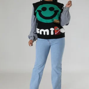 Pull chaud et doux manche longue en jean dessin smile