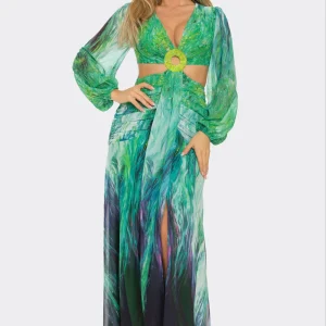 Robe longue découpée en mousseline imprimée