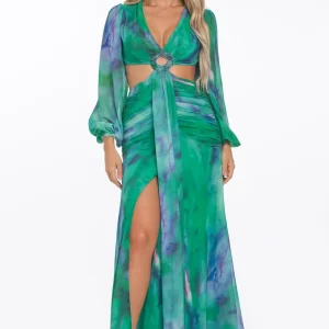 Robe longue imprimée froncée à anneaux