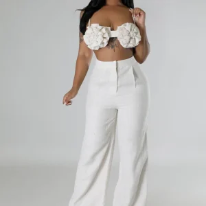 Ensemble pantalon taille haute et top à bretelle fine détails Rose