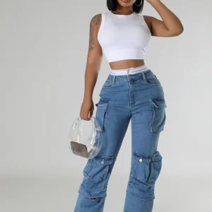Pantalon jean taille haute ceinture élastique avec poche