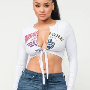 Crop top col V à manche longue à nouer