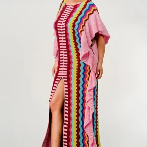 Robe tunique multicolore extensible tricoté Froufrous à encolure ronde