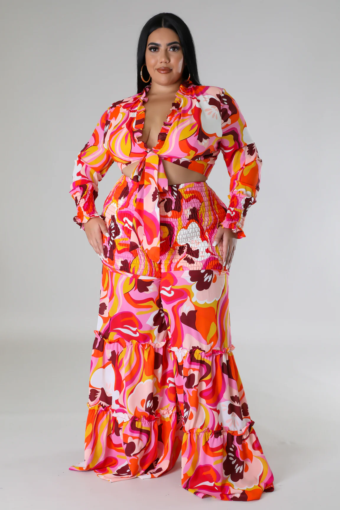 Ensemble 2 pièces Froufrous pantalon large taille haute et top à manche longue – Image 2