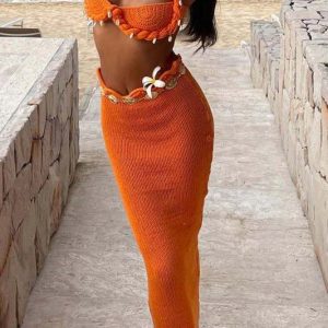 Ensemble Haut De Soutien-Gorge Tricoté Tissé Au Crochet Et Jupe Longue.