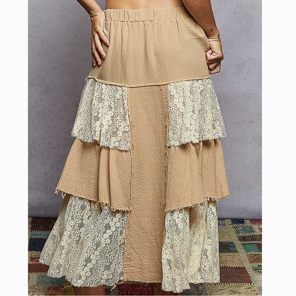 Jupes florales à volants en dentelle en gaze double unie vintage Latte LSS29 – Image 2