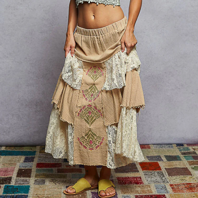 Jupes florales à volants en dentelle en gaze double unie vintage Latte LSS29